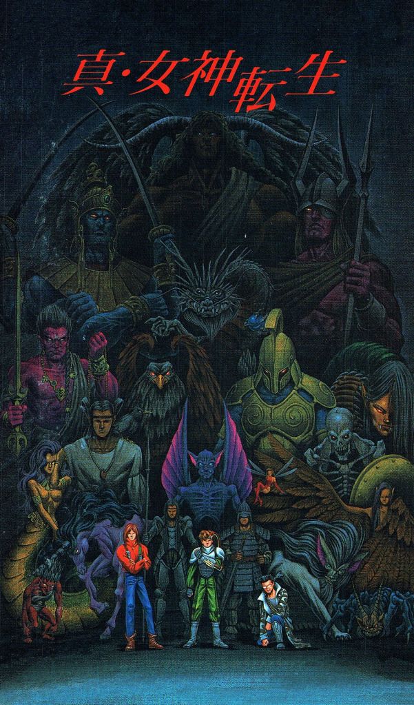 Shin Megami Tensei cover showing 80s anime protagonists standing in front of a variety of demons.
